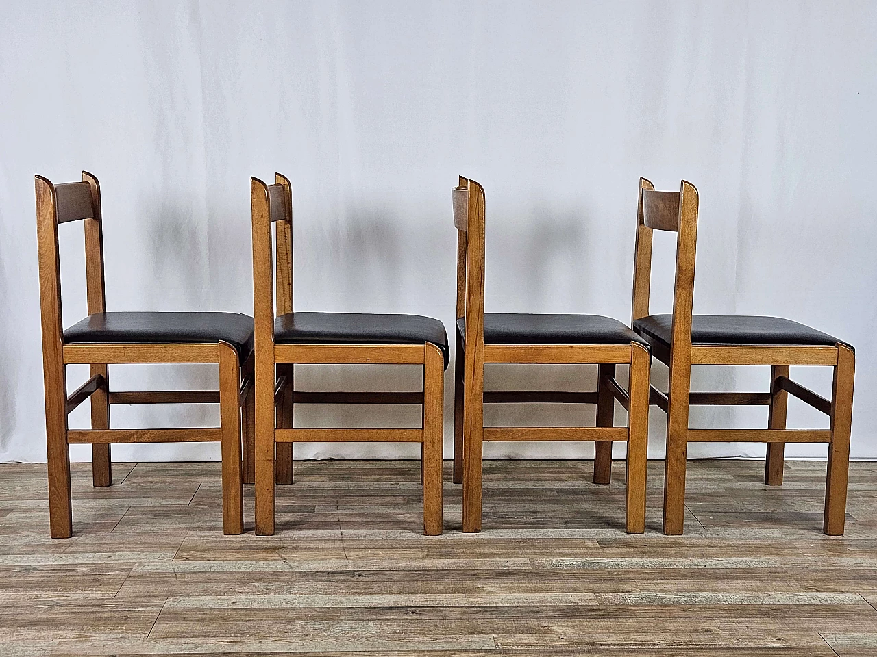 4 Beech chairs with black leather seats, 1970s 2