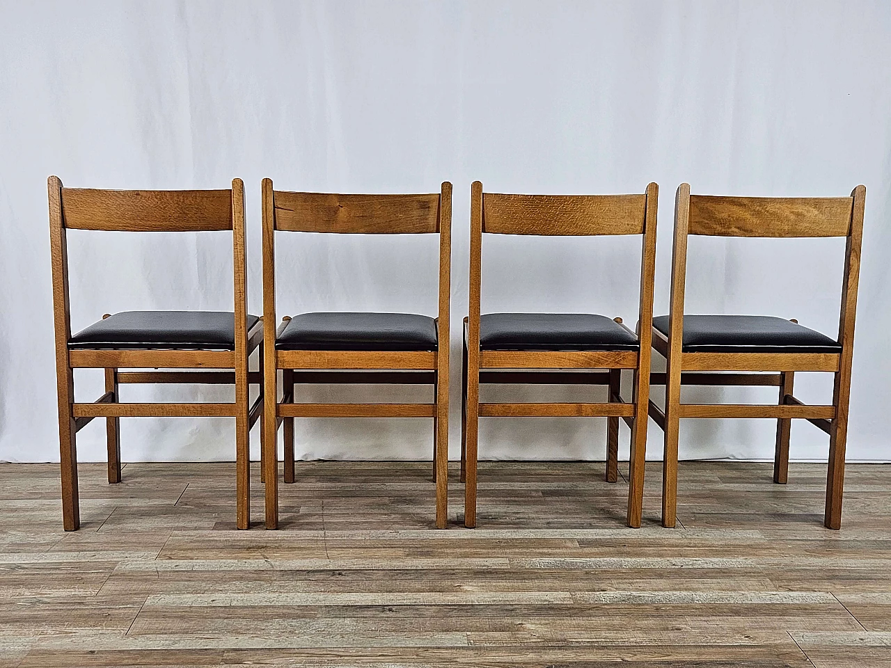 4 Beech chairs with black leather seats, 1970s 3