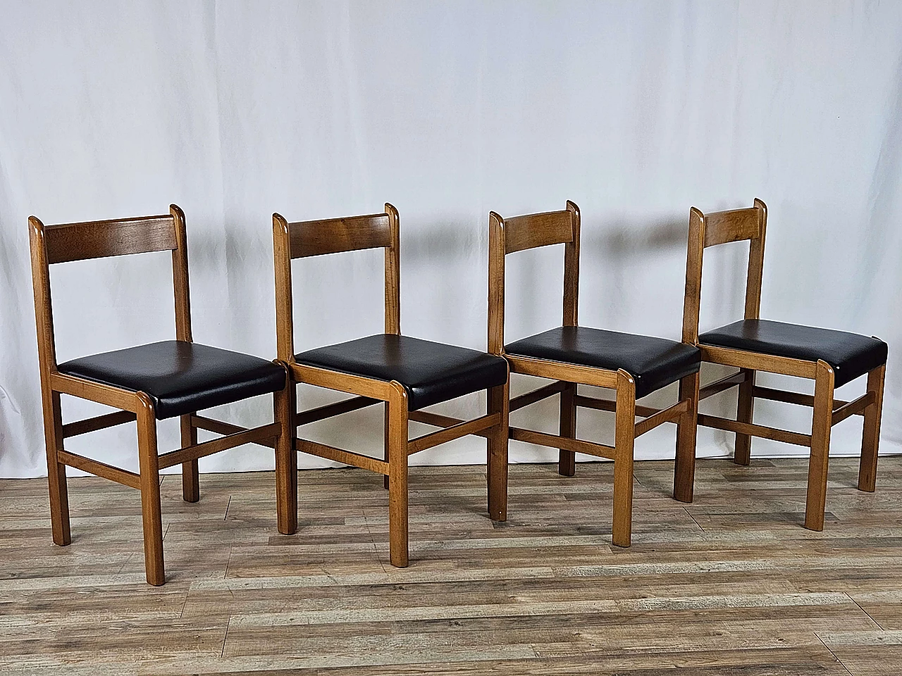 4 Beech chairs with black leather seats, 1970s 4