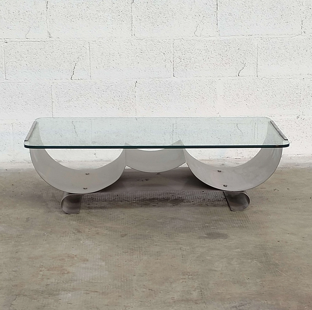 Stainless steel and glass coffee table by Francois Monnet for Kappa, 1970s 3