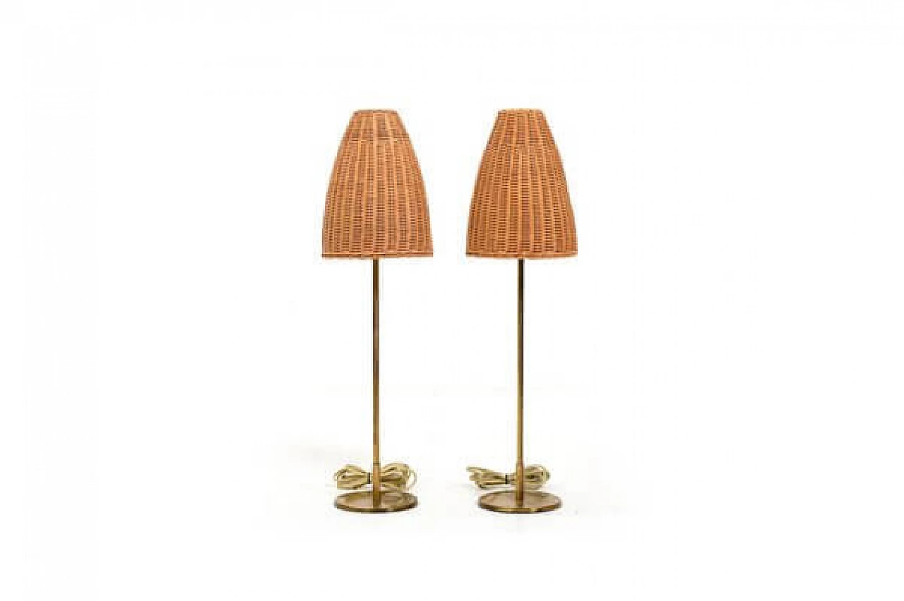Pair of Mid-Century table lamps with wicker shades by Lyfa, 1960s 1
