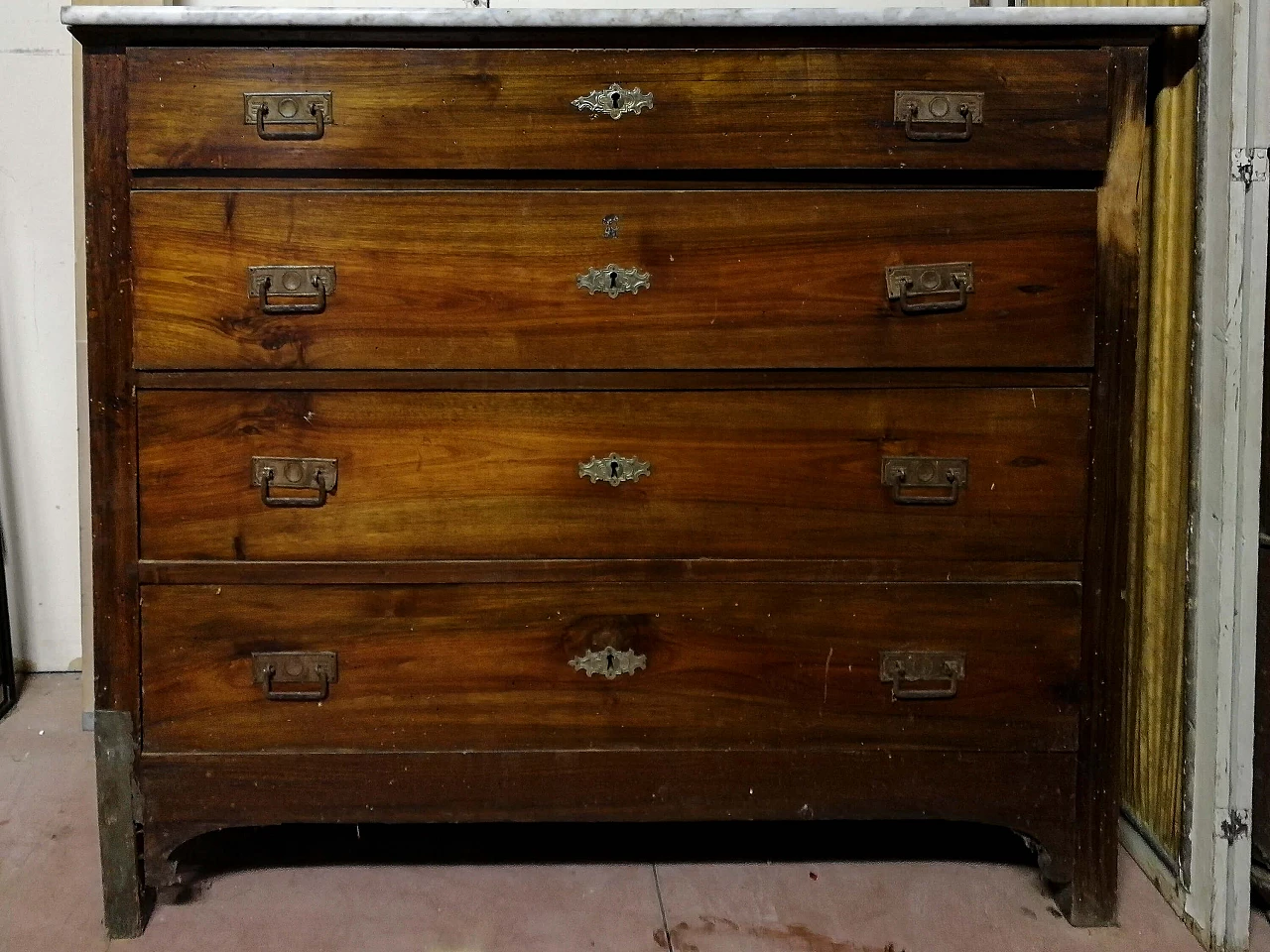 Solid walnut four-drawer dresser with marble top, 1930s 1