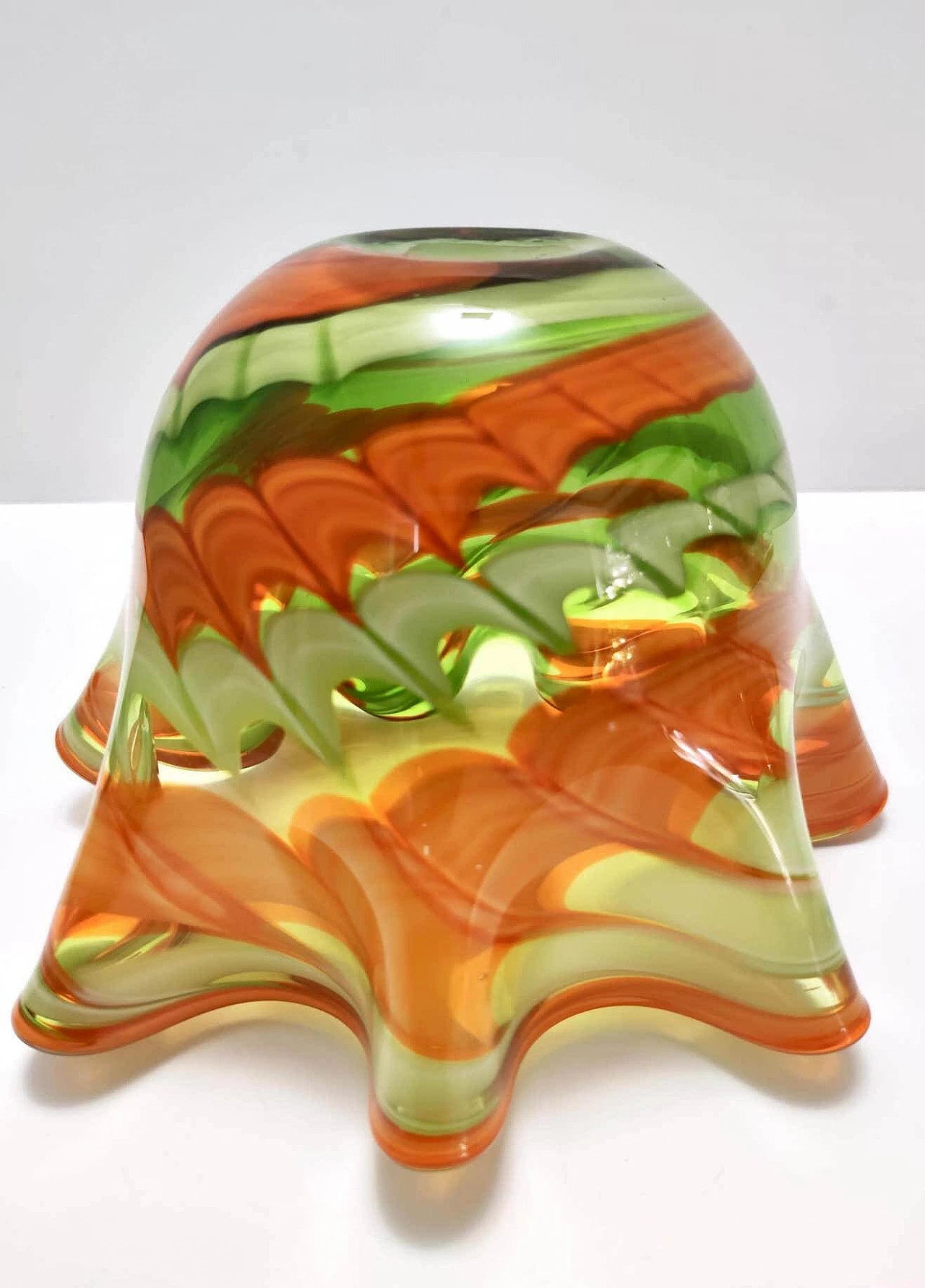 Fazzoletto vase in green and orange Murano glass by Fratelli Toso, 1980s 6
