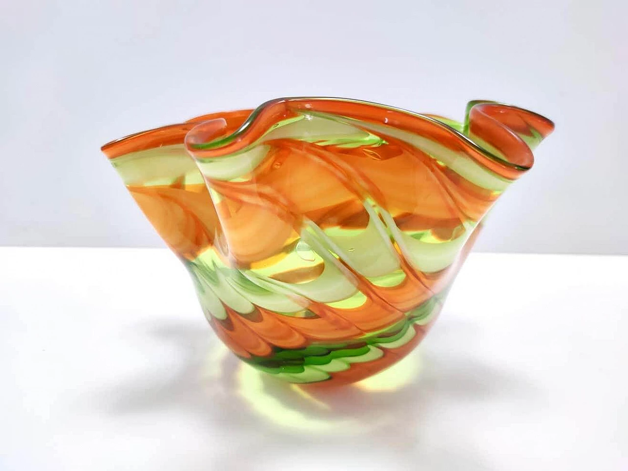 Fazzoletto vase in green and orange Murano glass by Fratelli Toso, 1980s 8