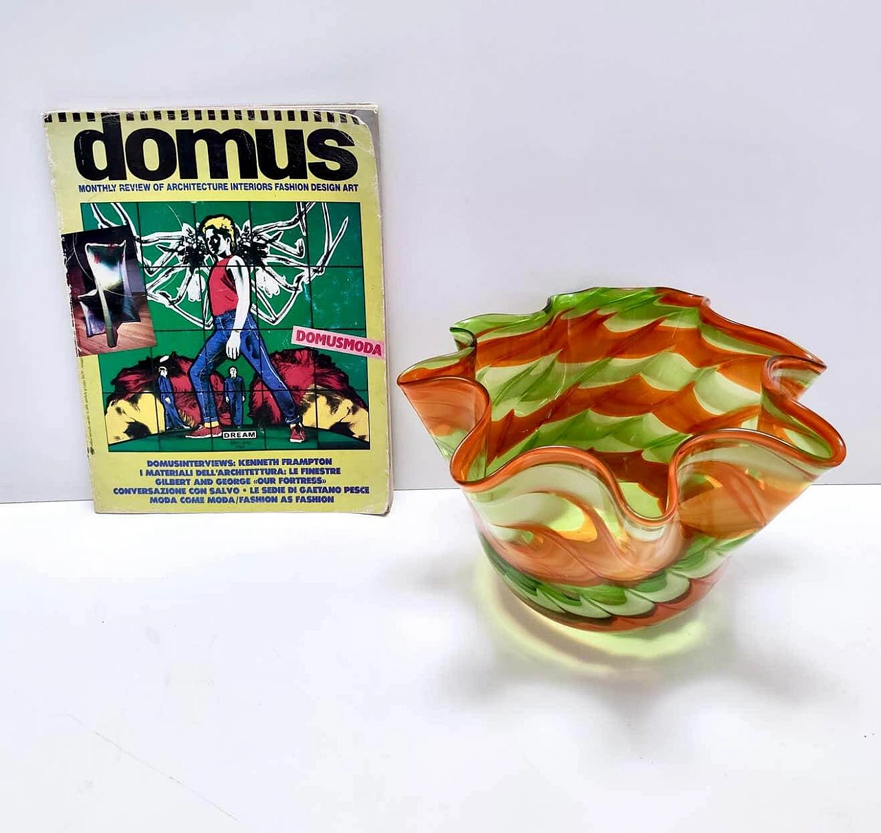 Fazzoletto vase in green and orange Murano glass by Fratelli Toso, 1980s 10