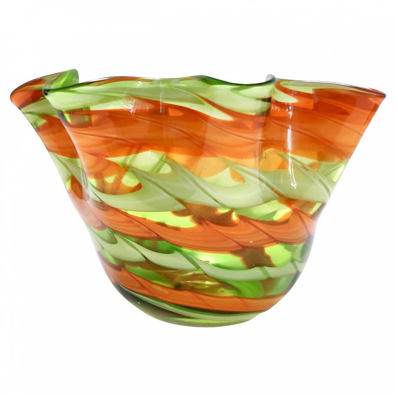 Fazzoletto vase in green and orange Murano glass by Fratelli Toso, 1980s 11