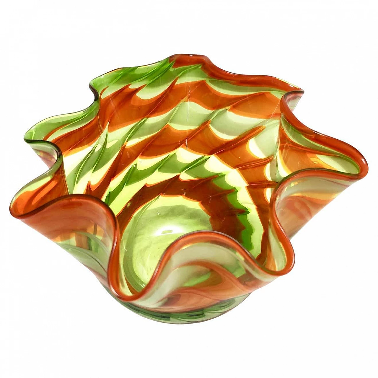 Fazzoletto vase in green and orange Murano glass by Fratelli Toso, 1980s 12