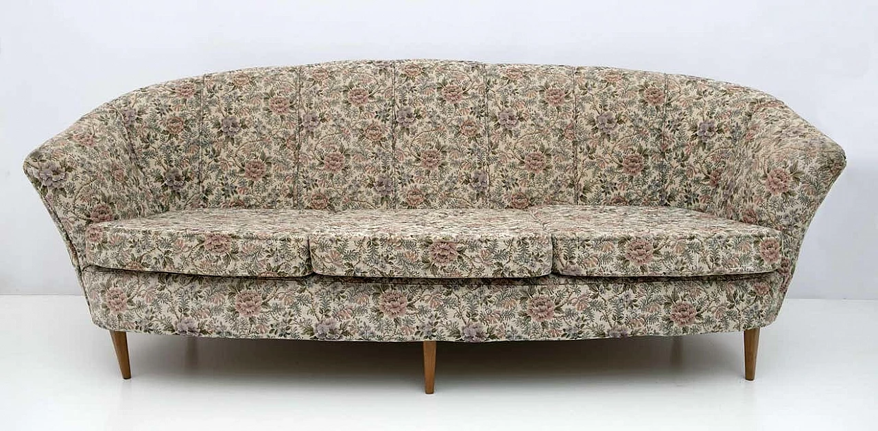 Three-seater sofa in floral fabric in the style of Ico Parisi, 1950s 1
