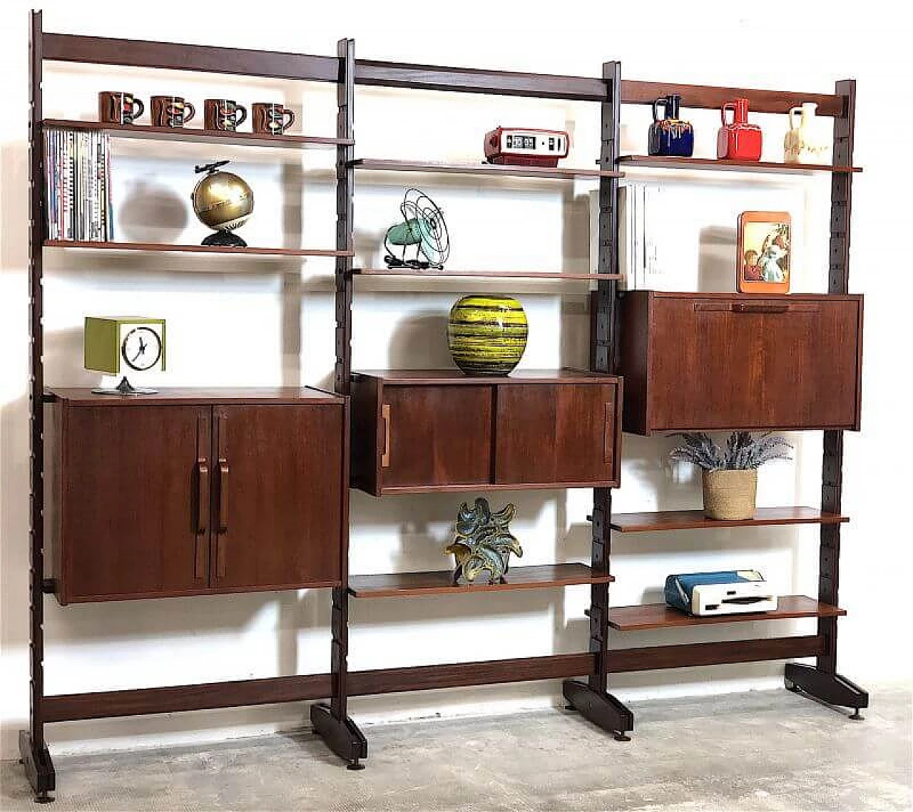 Modular three-bay solid teak bookcase by Franco & Nori, 1960s 1