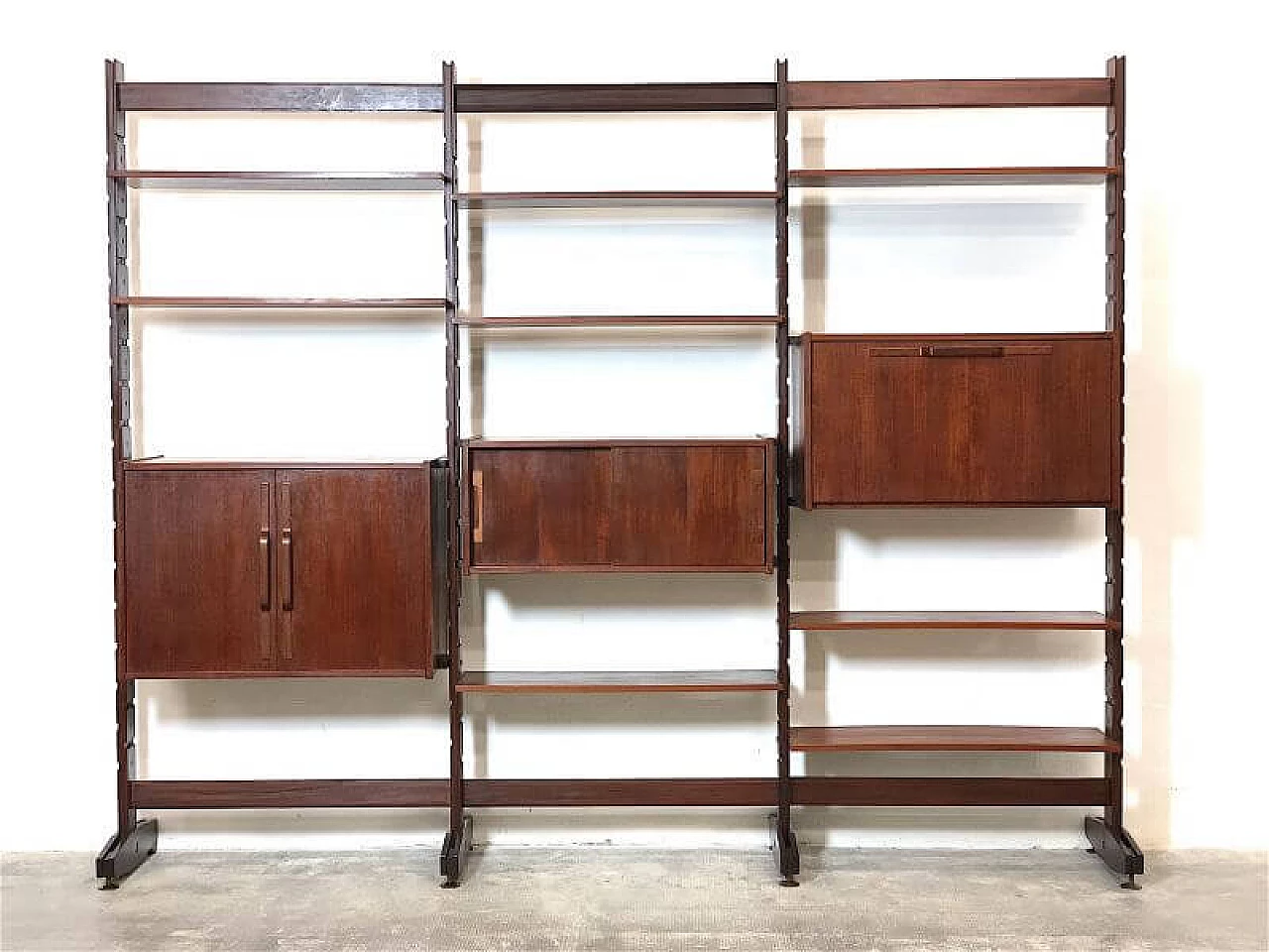 Modular three-bay solid teak bookcase by Franco & Nori, 1960s 5