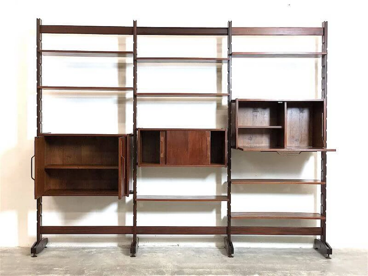 Modular three-bay solid teak bookcase by Franco & Nori, 1960s 6