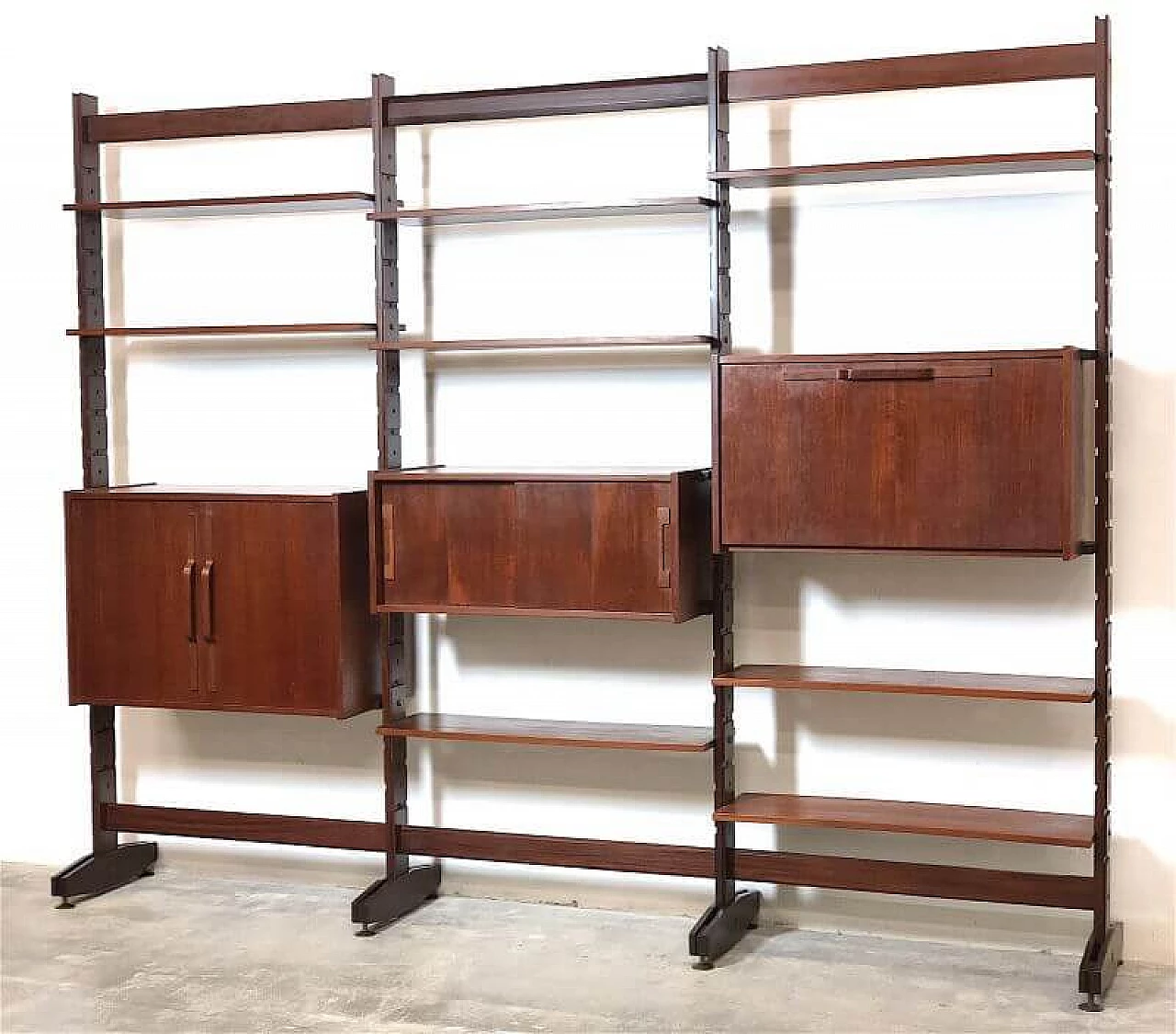 Modular three-bay solid teak bookcase by Franco & Nori, 1960s 7