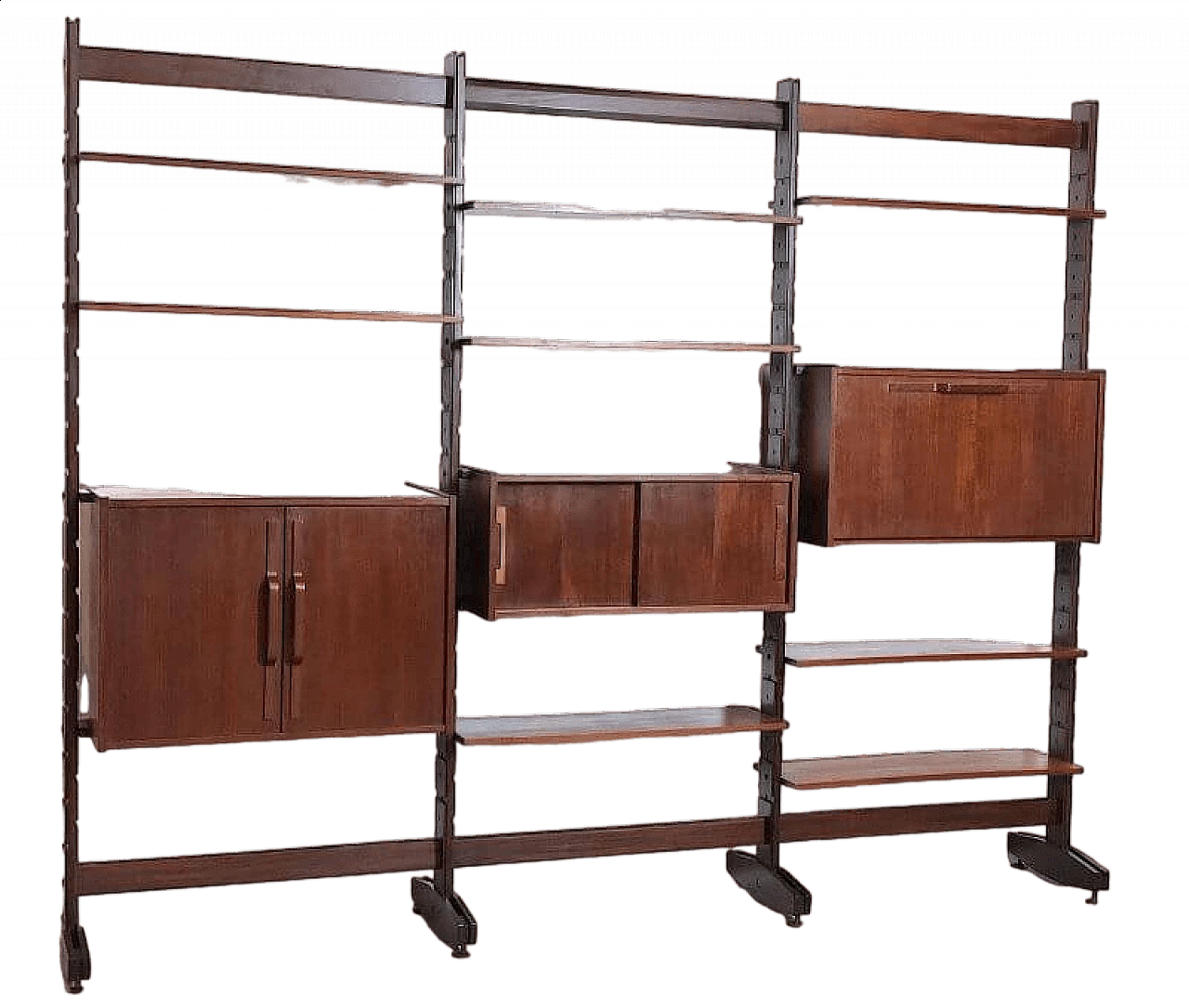 Modular three-bay solid teak bookcase by Franco & Nori, 1960s 26