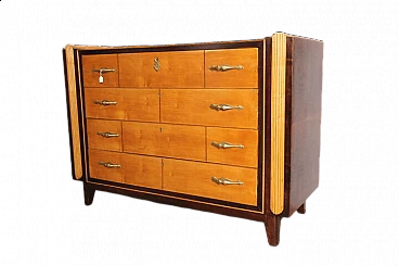 Birch, walnut root, maple and rosewood chest of drawers, 1950s