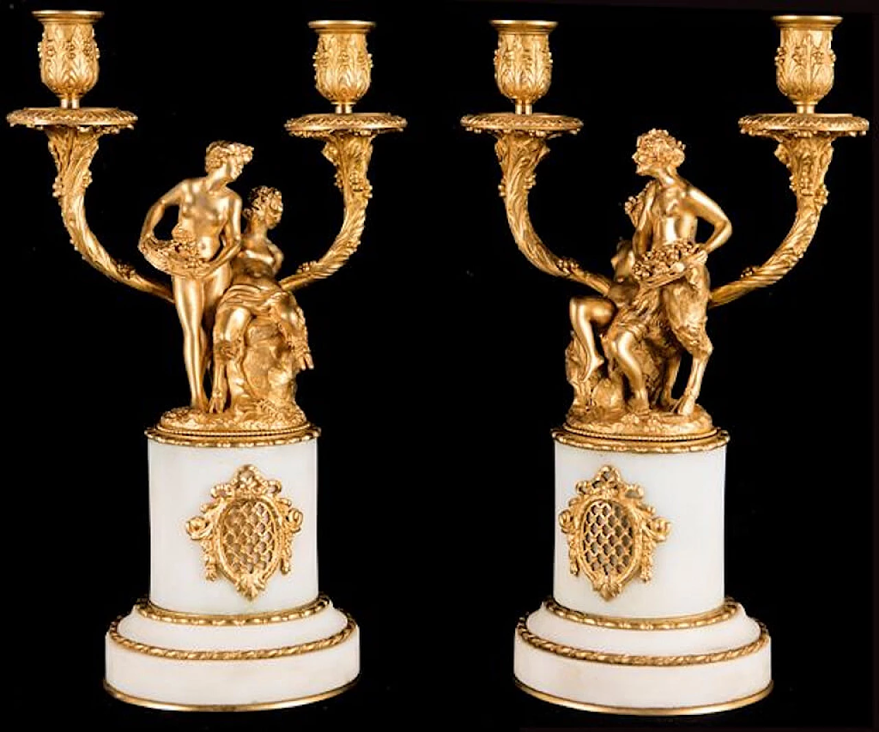 Coppia di candelabri in bronzo dorato e marmo bianco, '800 1