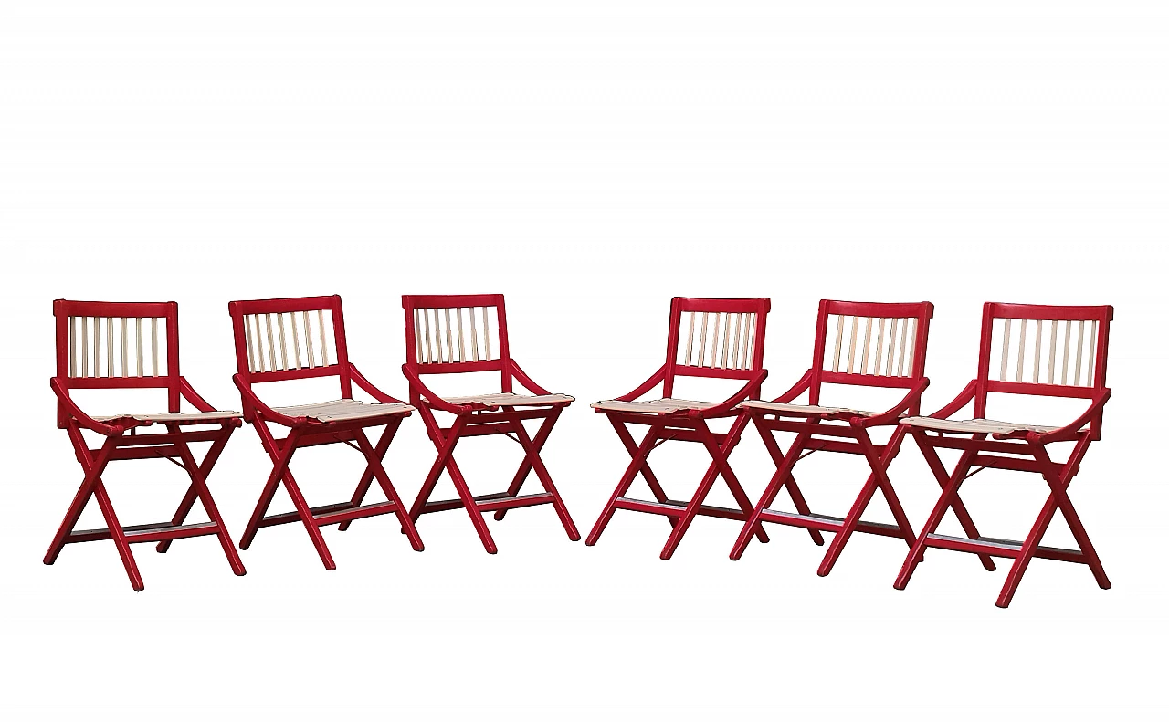 6 Folding 152 chairs in red lacquered wood by F.lli Reguitti, 1956 1