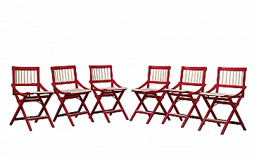 6 Folding 152 chairs in red lacquered wood by F.lli Reguitti, 1956