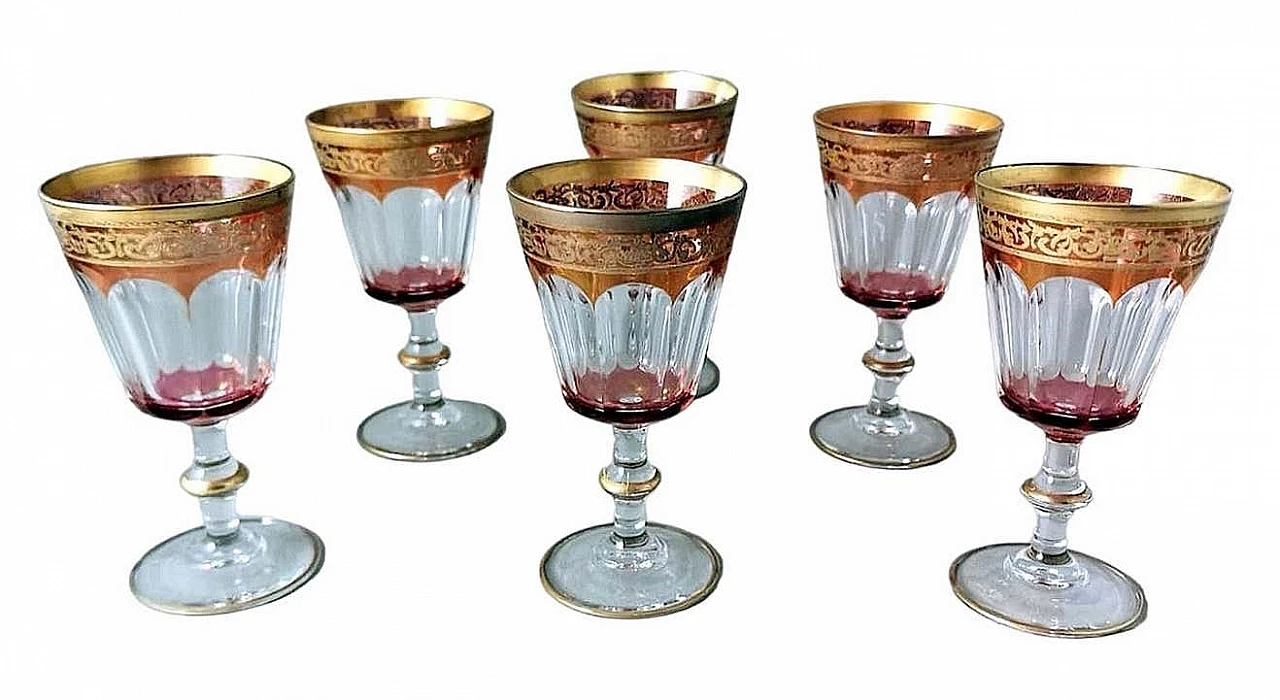 6 Blown and coloured wine goblets in Louis XVI style with gold rim, 1970s 1