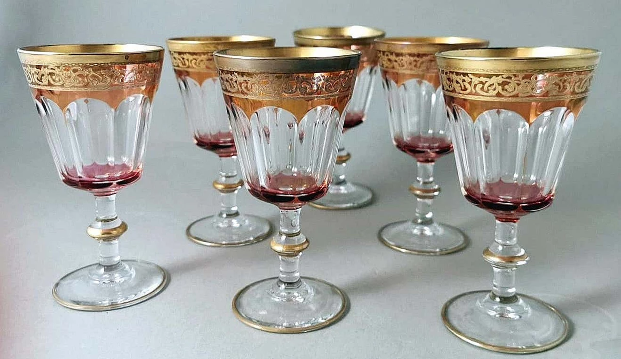 6 Blown and coloured wine goblets in Louis XVI style with gold rim, 1970s 2