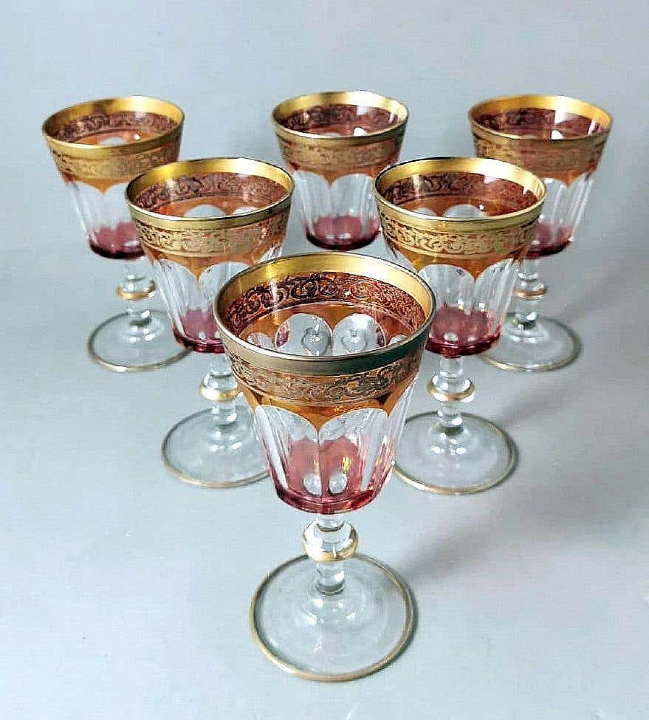 6 Blown and coloured wine goblets in Louis XVI style with gold rim, 1970s 3