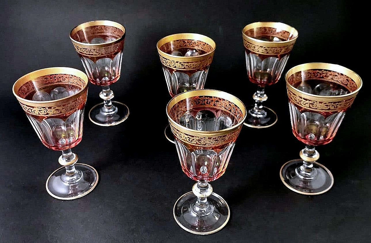 6 Blown and coloured wine goblets in Louis XVI style with gold rim, 1970s 5