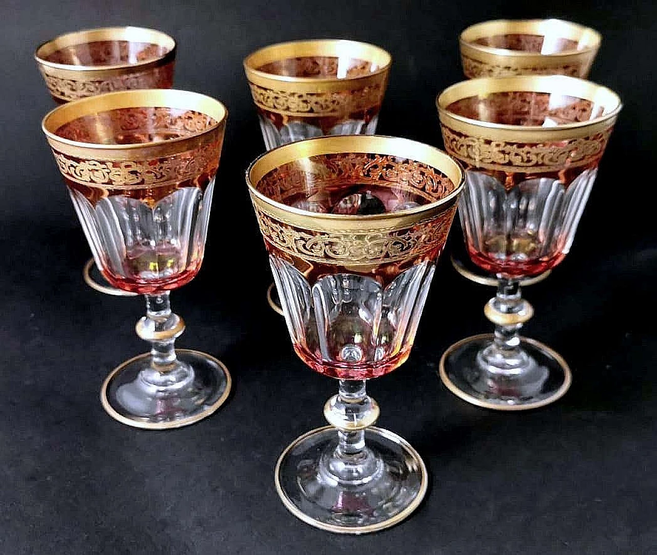 6 Blown and coloured wine goblets in Louis XVI style with gold rim, 1970s 6