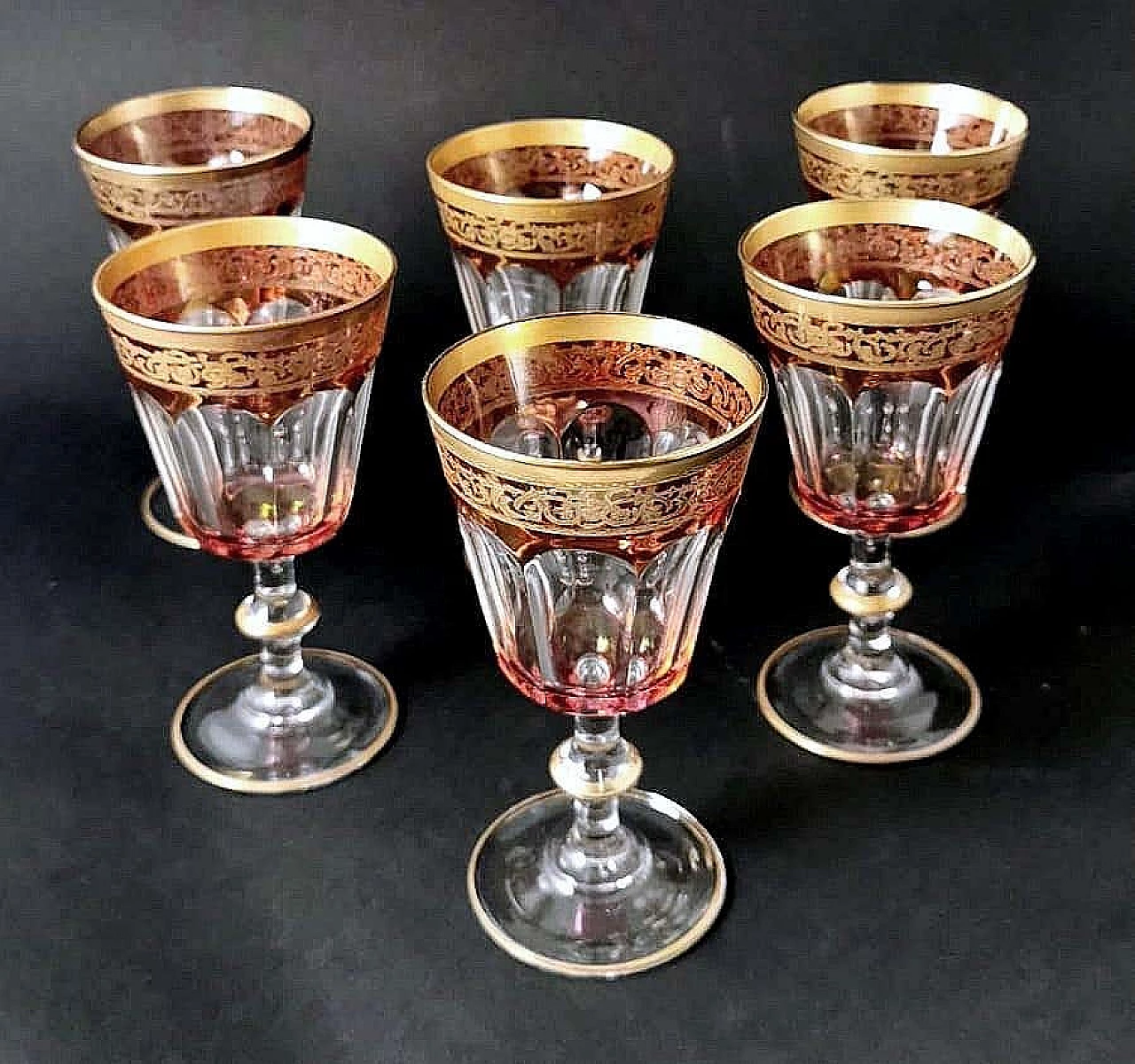 6 Blown and coloured wine goblets in Louis XVI style with gold rim, 1970s 7