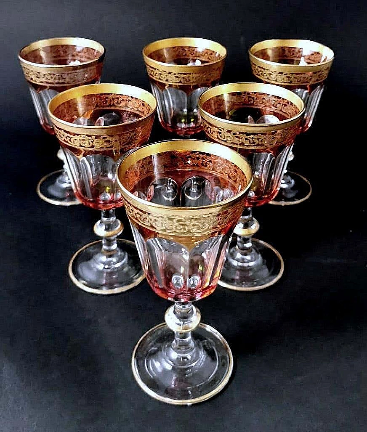 6 Blown and coloured wine goblets in Louis XVI style with gold rim, 1970s 8