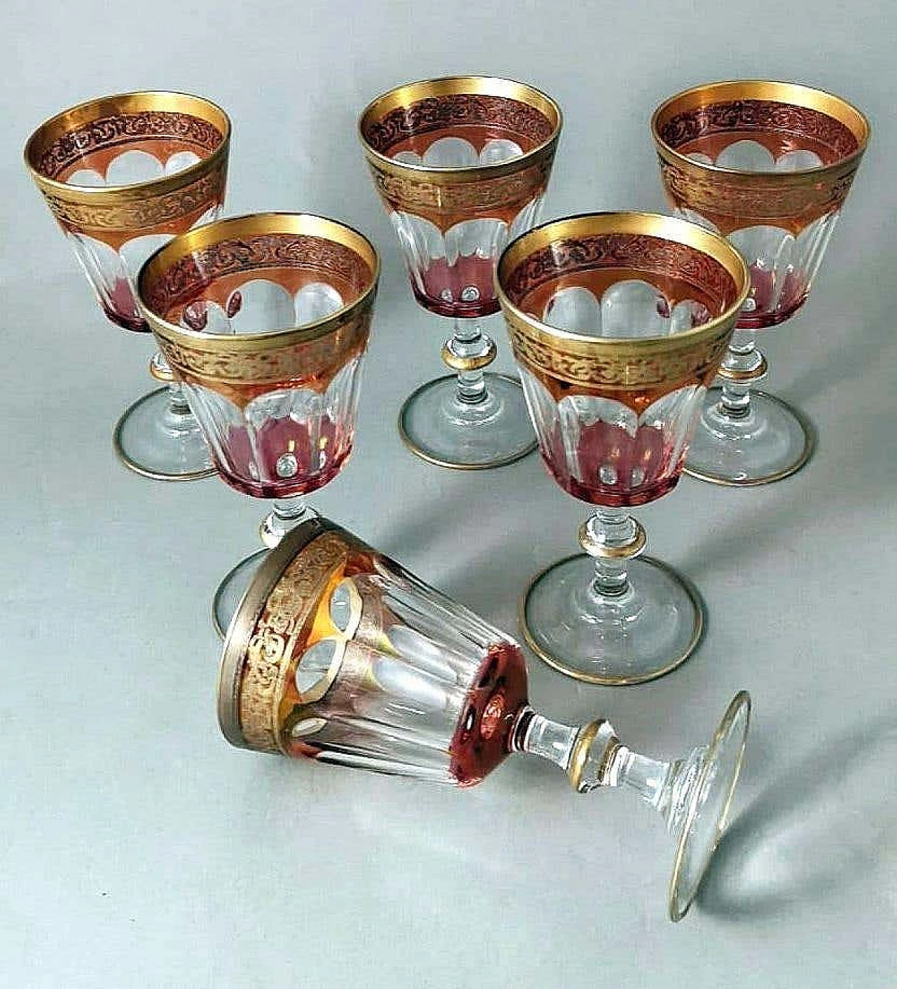 6 Blown and coloured wine goblets in Louis XVI style with gold rim, 1970s 9