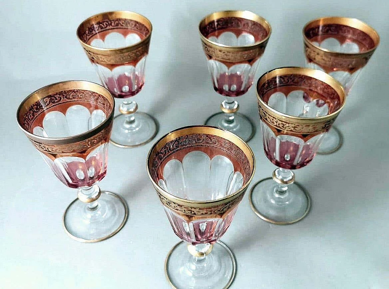 6 Blown and coloured wine goblets in Louis XVI style with gold rim, 1970s 10