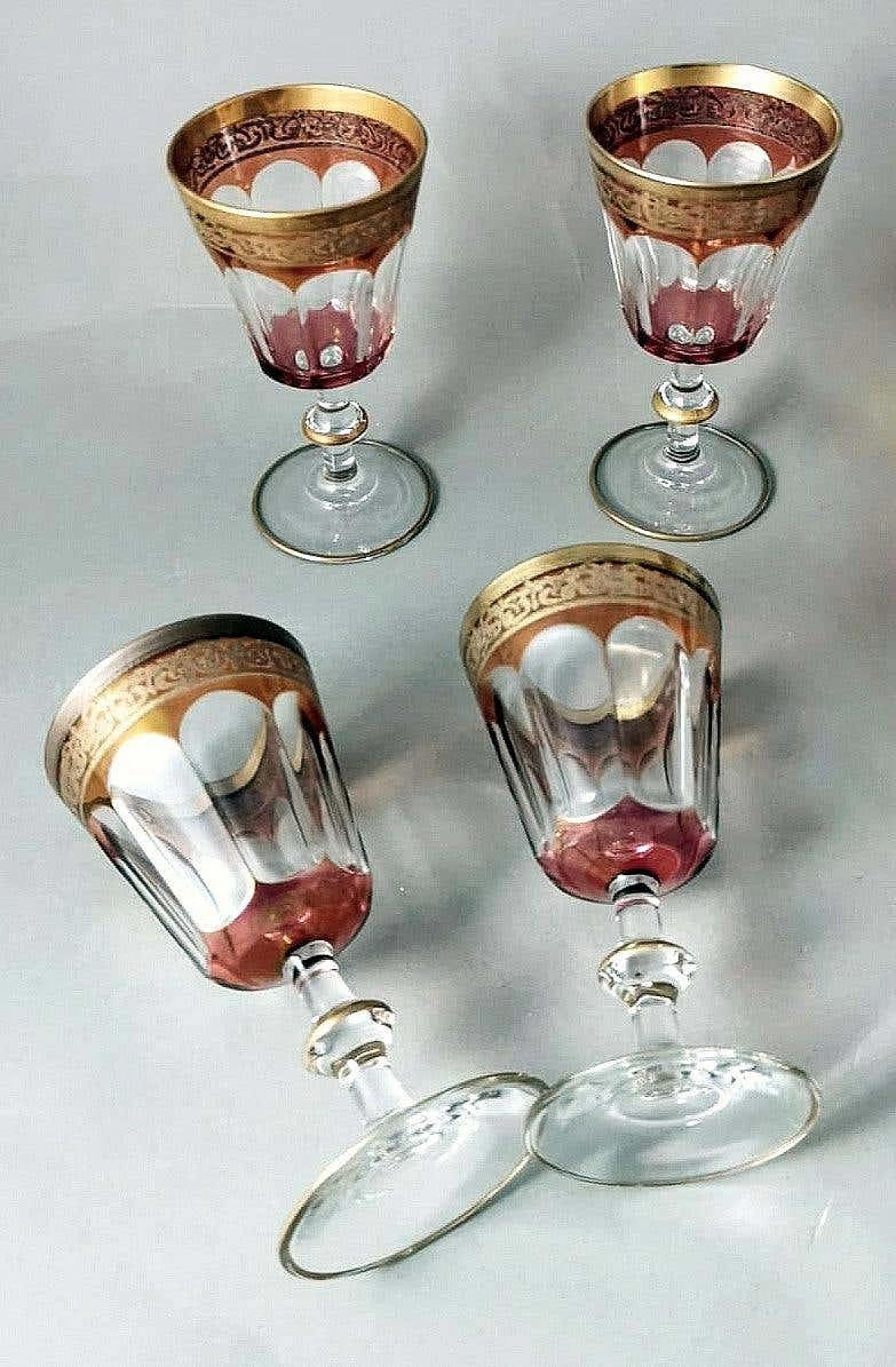 6 Blown and coloured wine goblets in Louis XVI style with gold rim, 1970s 11