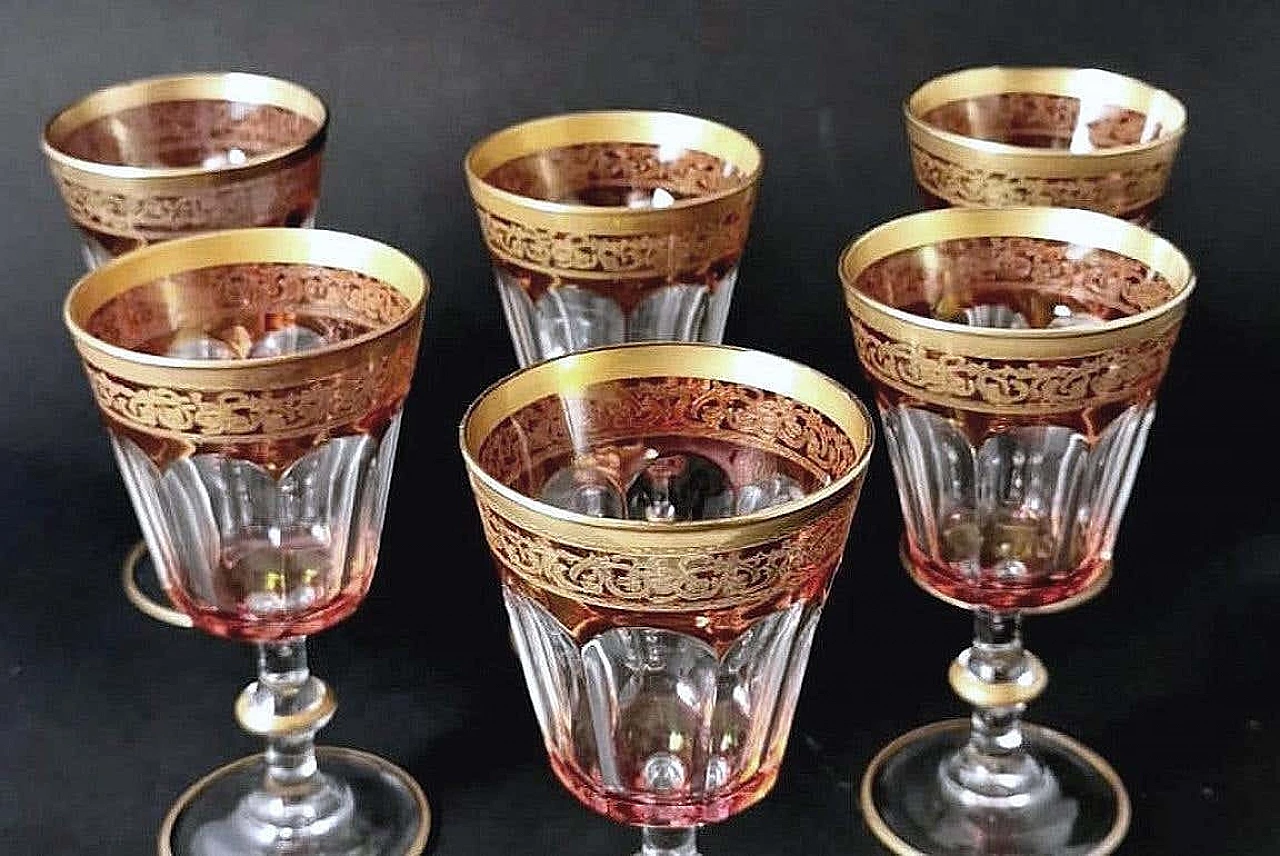 6 Blown and coloured wine goblets in Louis XVI style with gold rim, 1970s 13