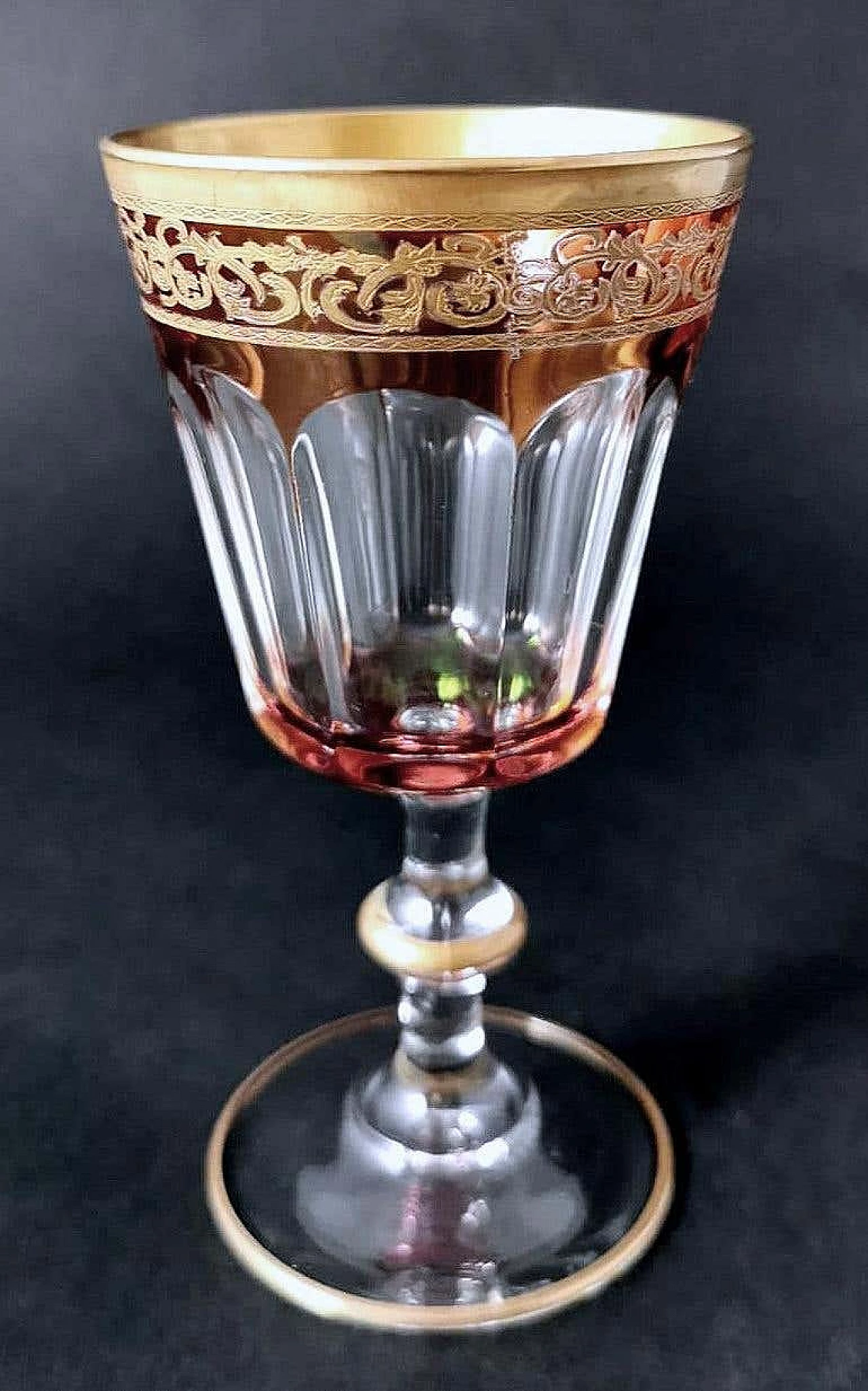 6 Blown and coloured wine goblets in Louis XVI style with gold rim, 1970s 15
