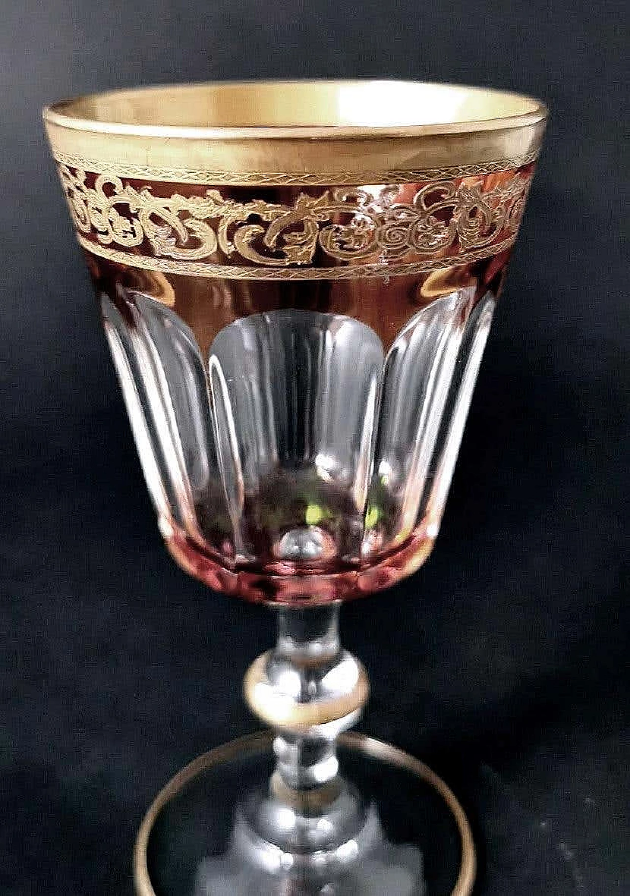 6 Calici da vino soffiati e colorati in stile Luigi XVI con bordo d'oro, anni '70 16
