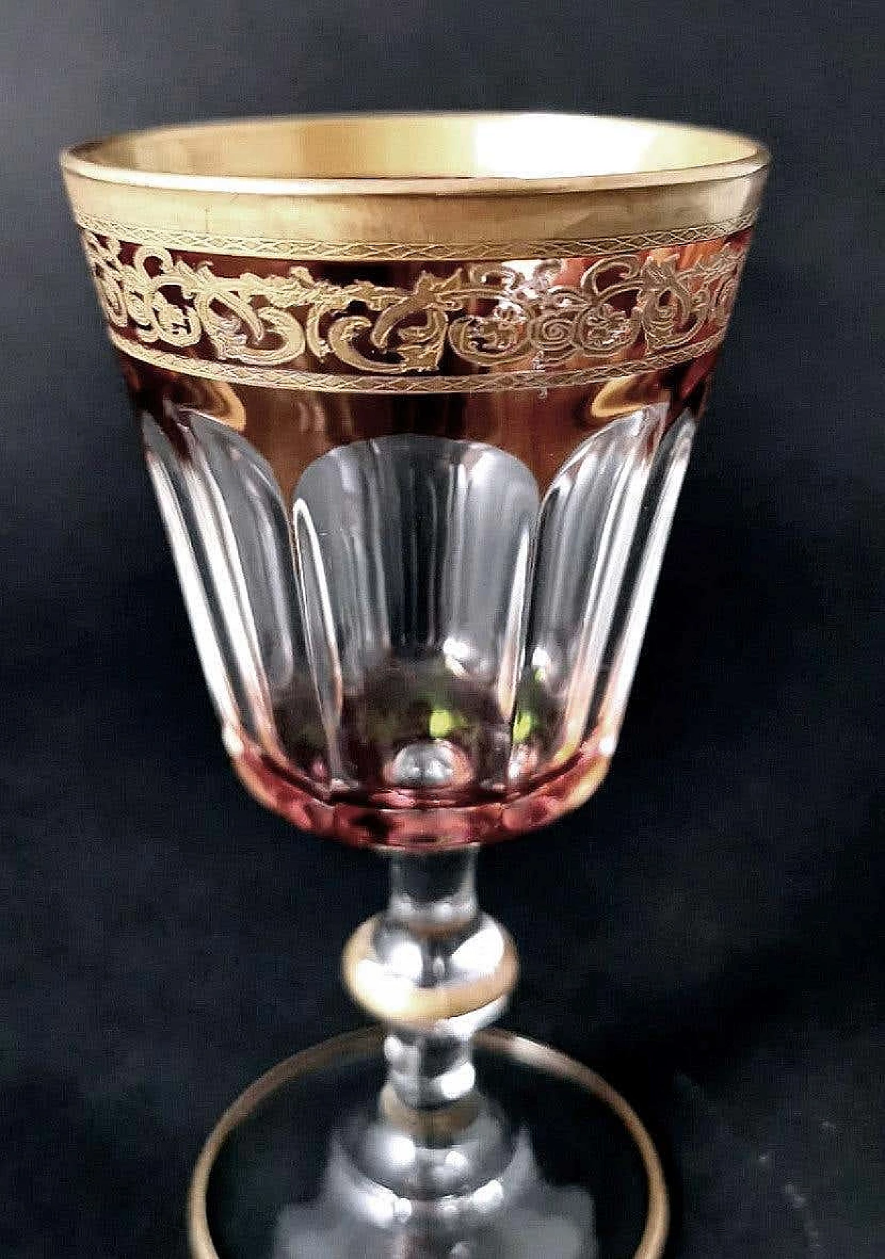 6 Blown and coloured wine goblets in Louis XVI style with gold rim, 1970s 16