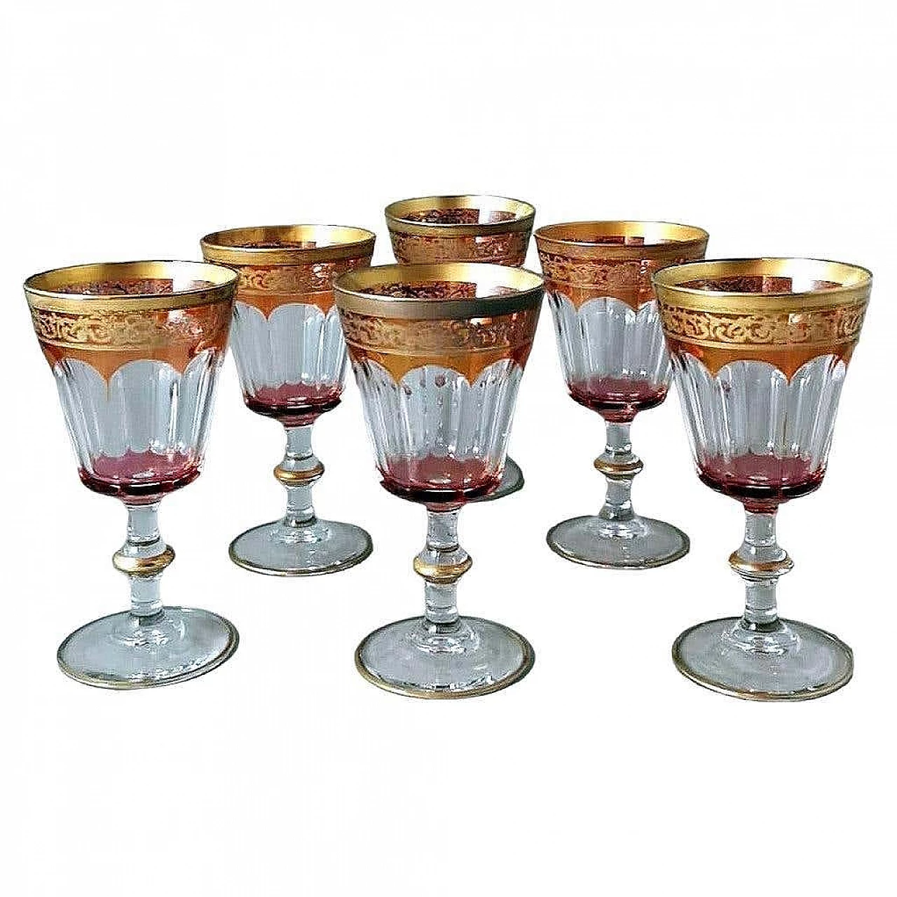 6 Calici da vino soffiati e colorati in stile Luigi XVI con bordo d'oro, anni '70 20