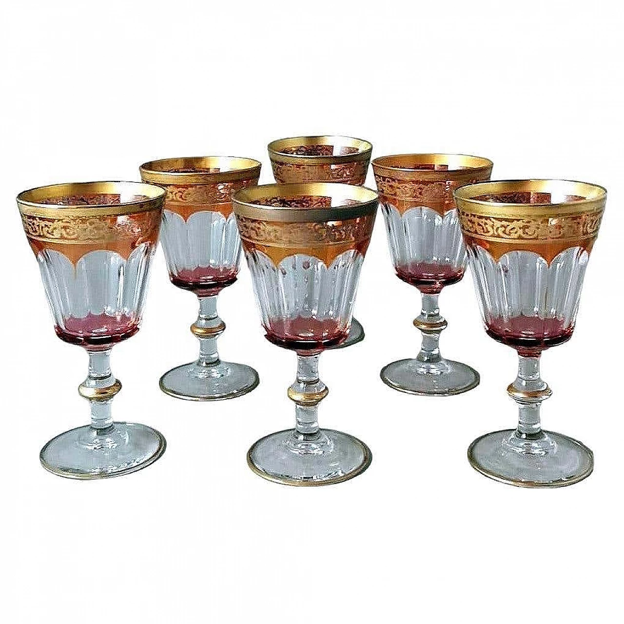 6 Blown and coloured wine goblets in Louis XVI style with gold rim, 1970s 20