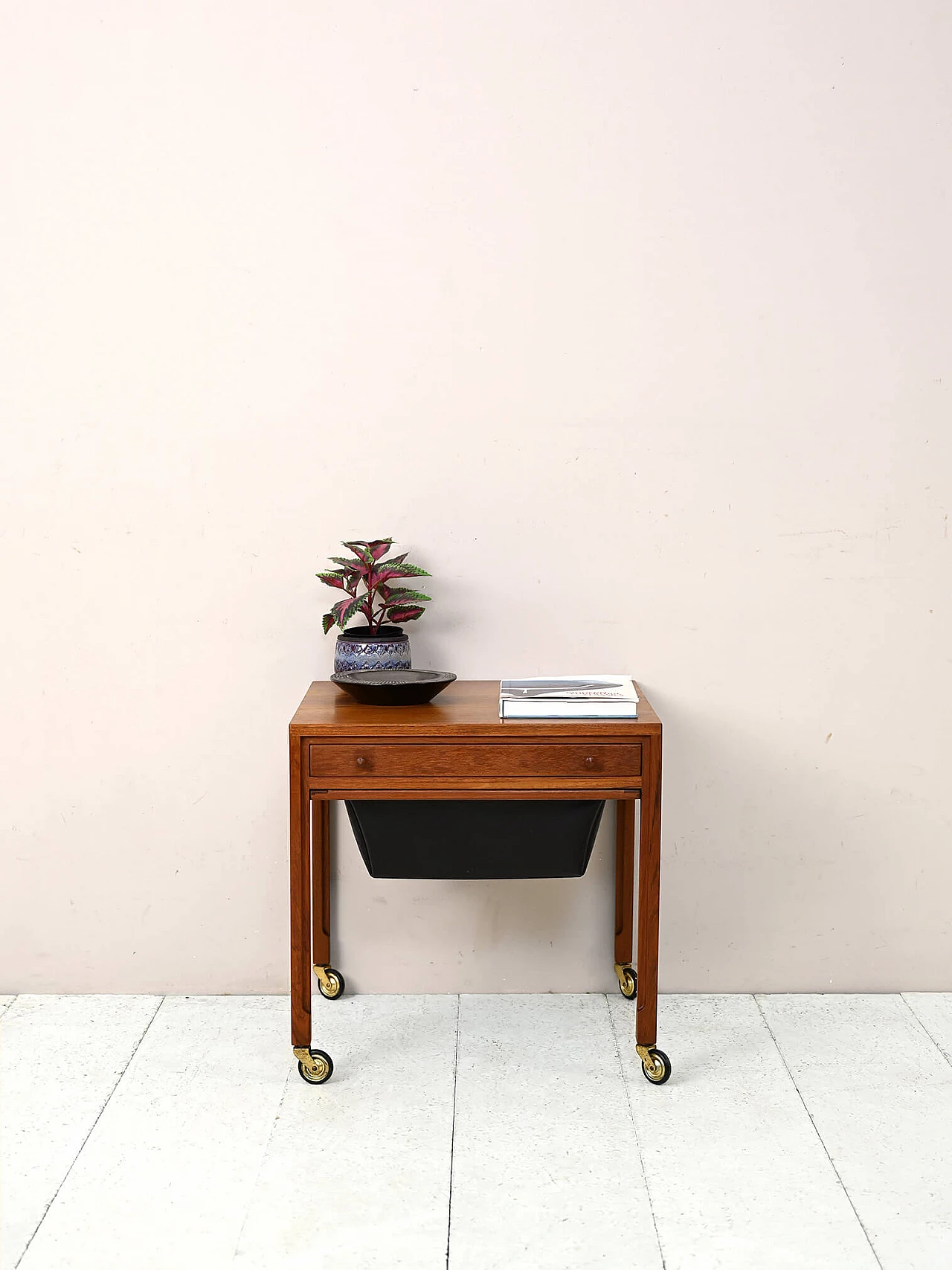 Teak wool cart with drawer, 1960s 1