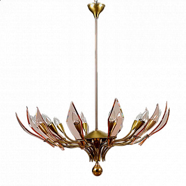 Brass and pink beveled glass chandelier, 1950s