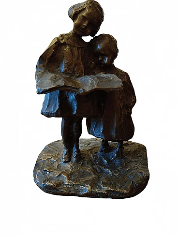 Lina Arpesani, little girls reading, bronze sculpture, 1920s