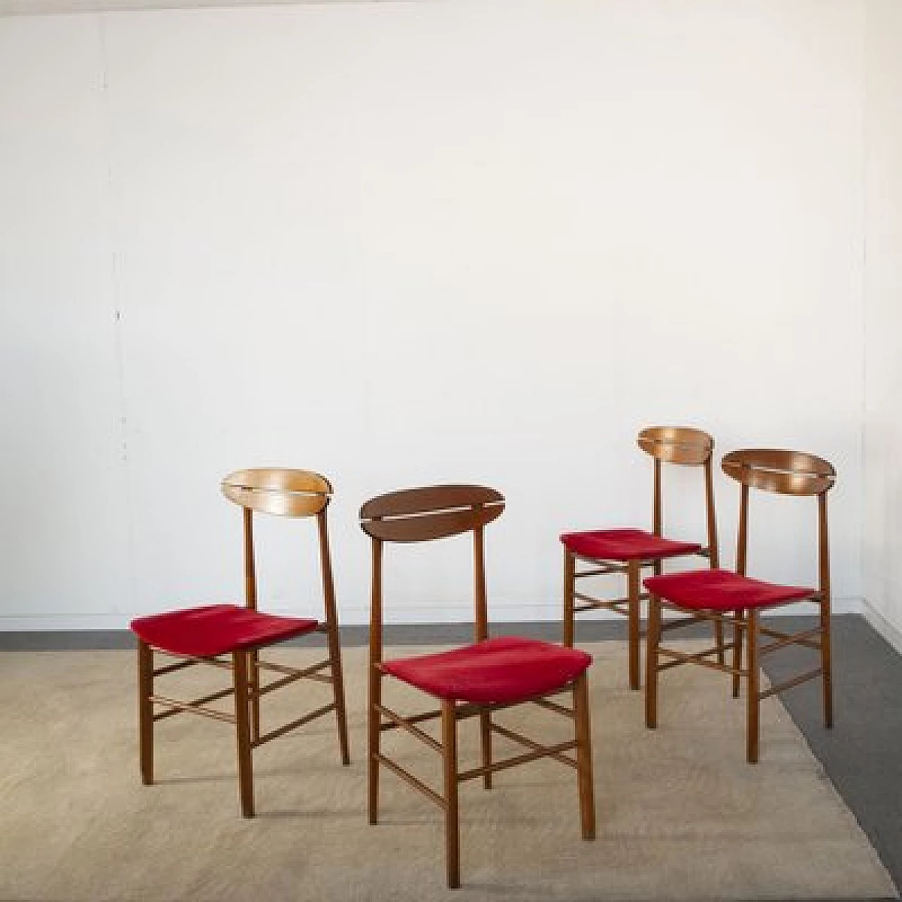 4 Scandinavian wooden chairs with red fabric seat, 1960s 1