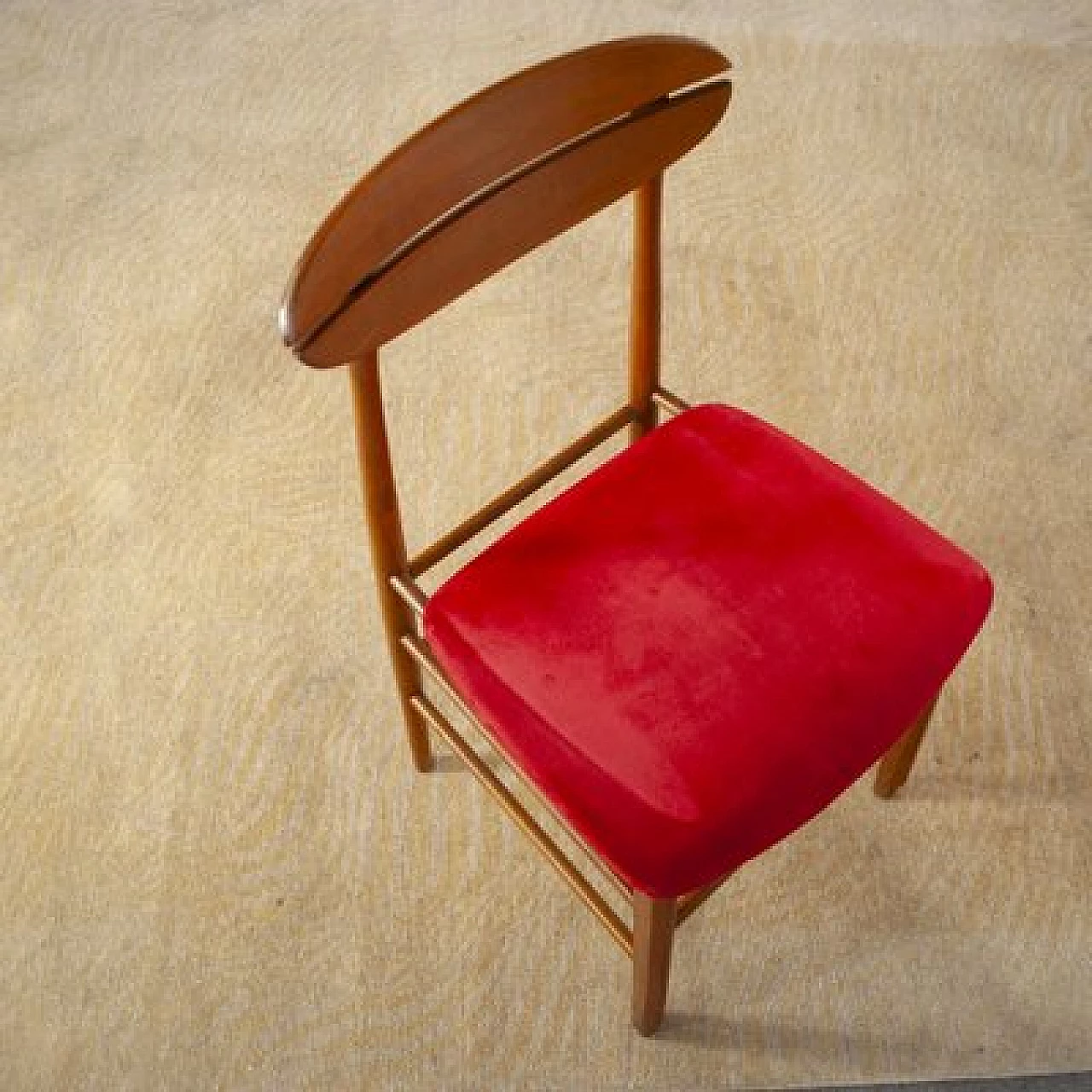 4 Scandinavian wooden chairs with red fabric seat, 1960s 2
