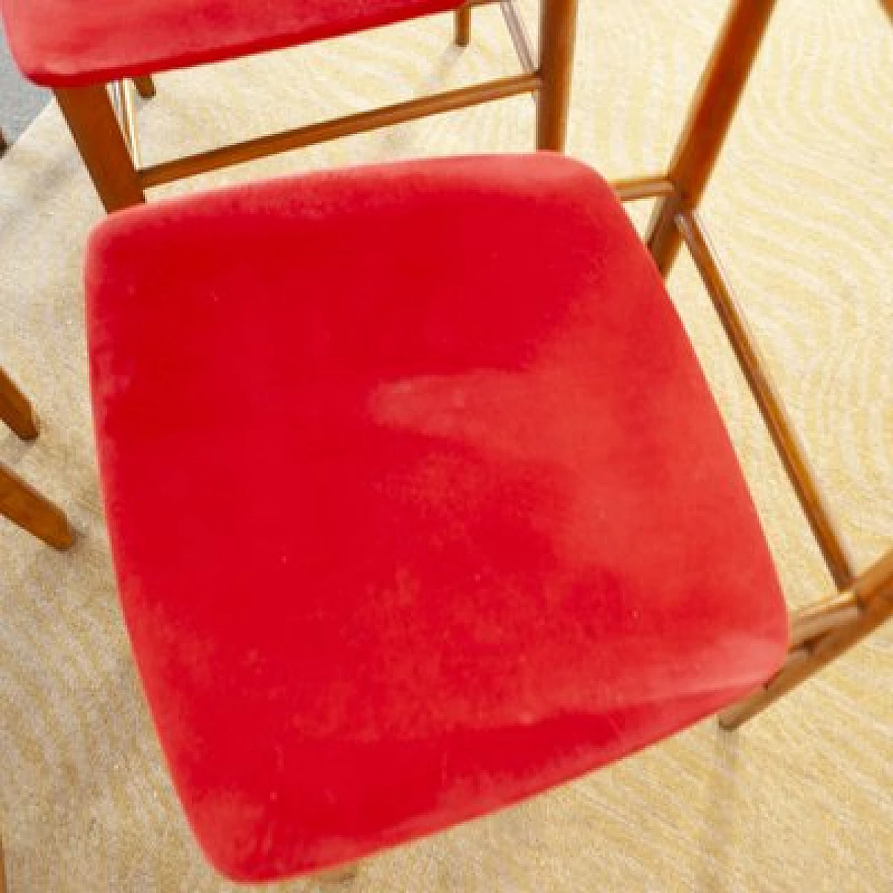 4 Scandinavian wooden chairs with red fabric seat, 1960s 3