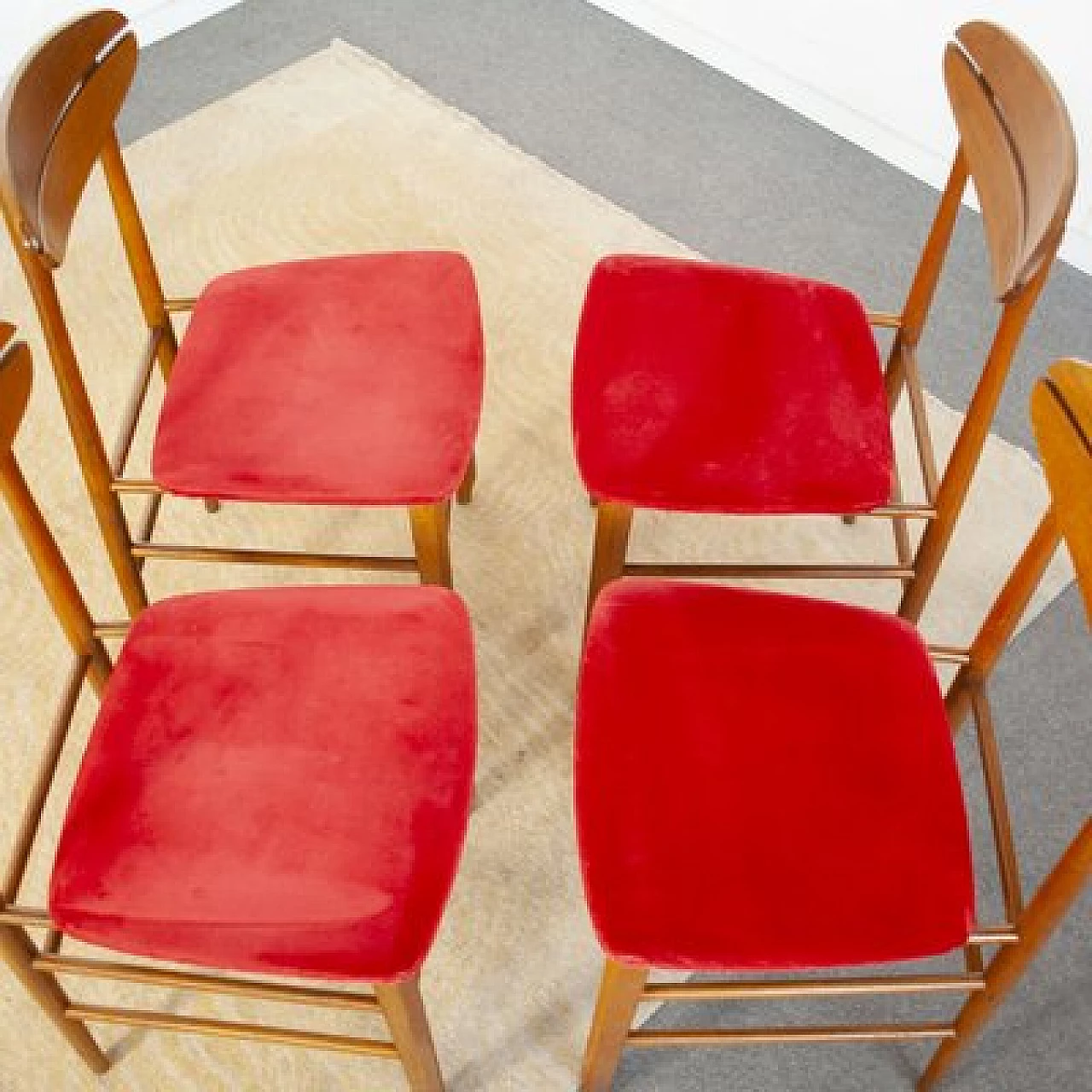 4 Scandinavian wooden chairs with red fabric seat, 1960s 4