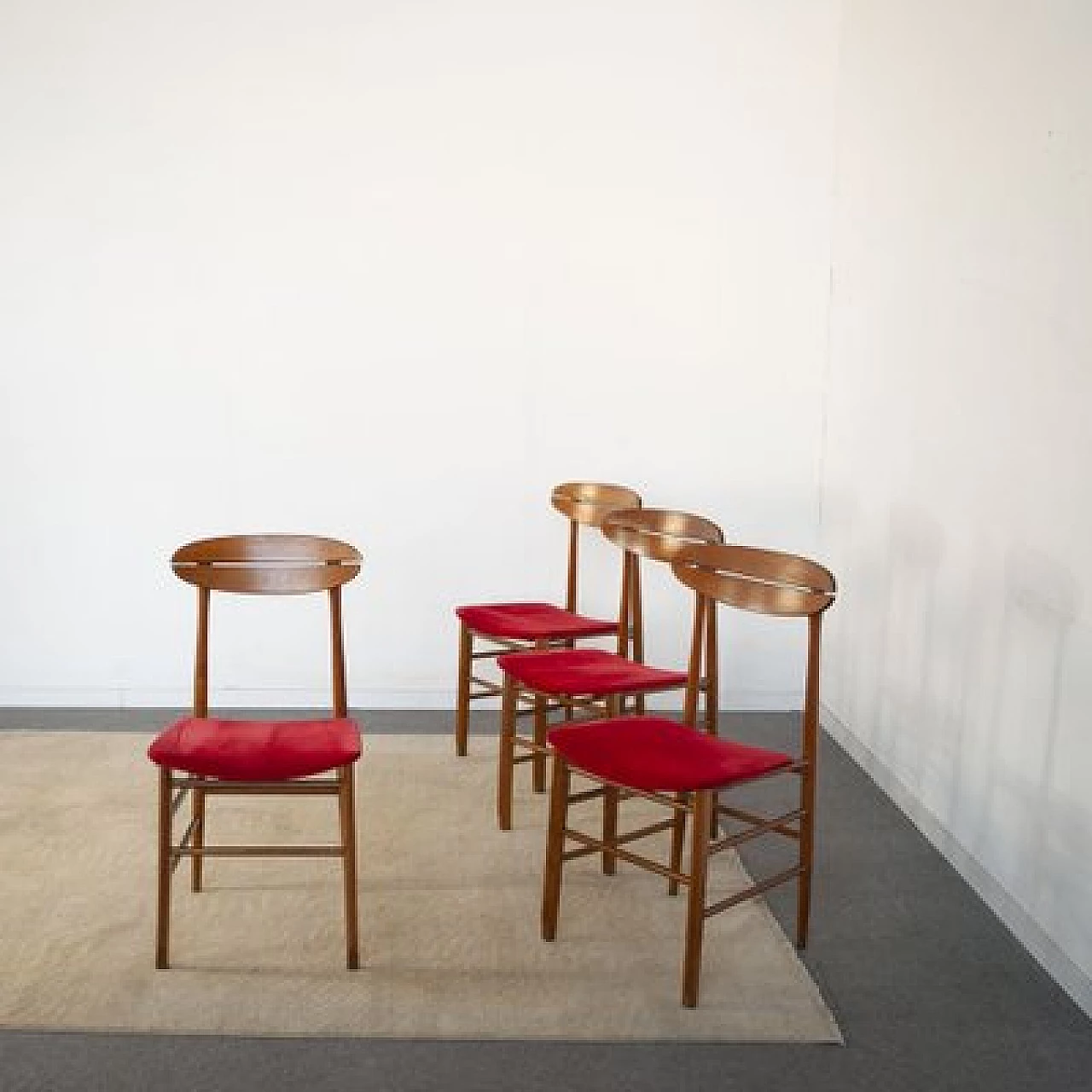 4 Scandinavian wooden chairs with red fabric seat, 1960s 5