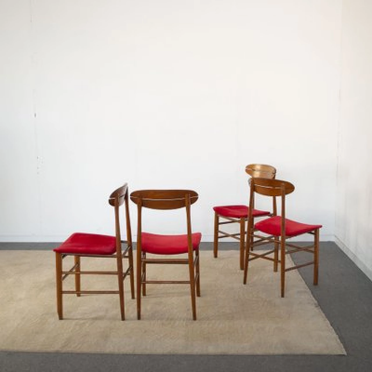4 Scandinavian wooden chairs with red fabric seat, 1960s 6