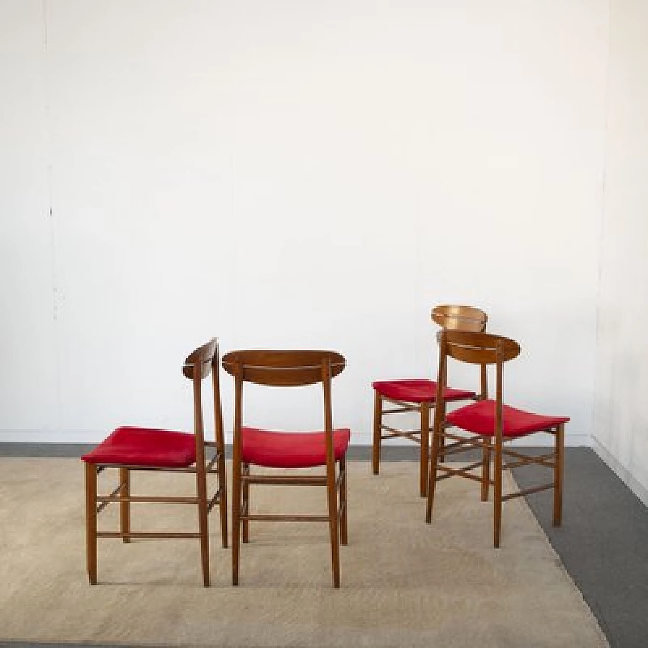 4 Scandinavian wooden chairs with red fabric seat, 1960s 7