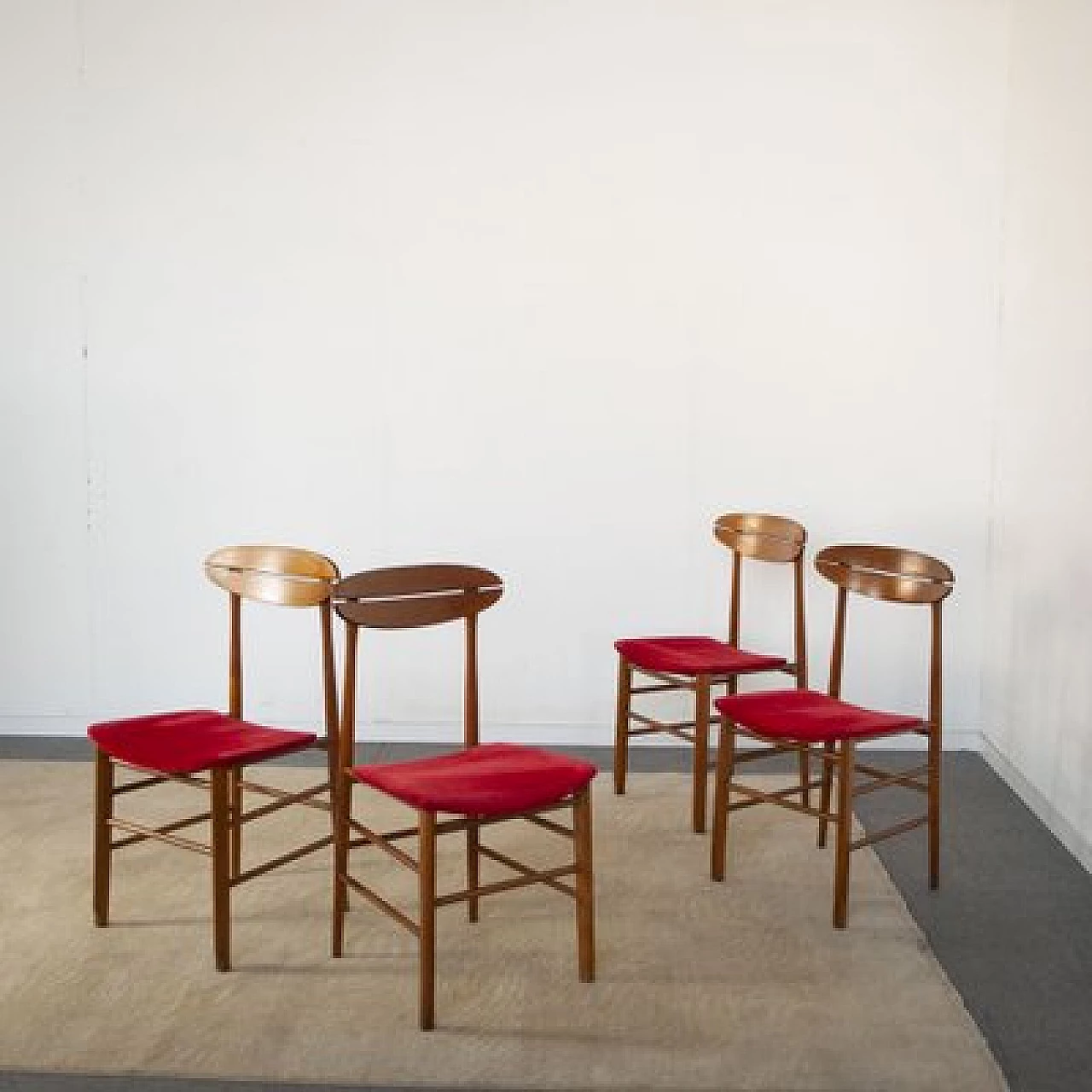 4 Scandinavian wooden chairs with red fabric seat, 1960s 8