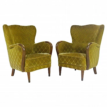 Pair of Danish wood and fabric armchairs, 1950s