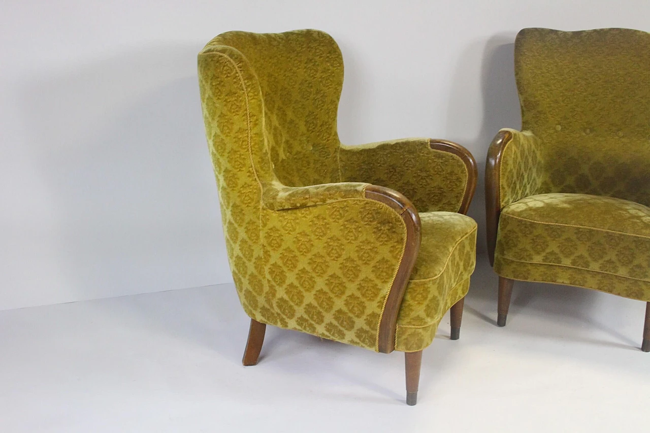 Pair of Danish wood and fabric armchairs, 1950s 3